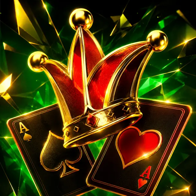 Red and gold jester crown with ace playing cards on an emerald background.
