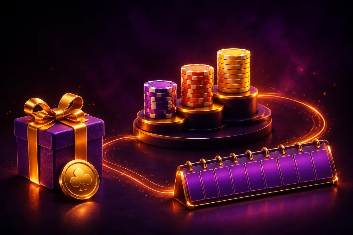 A purple welcome gift, three chip stacks and a seven-tab calendar linked by orange light.