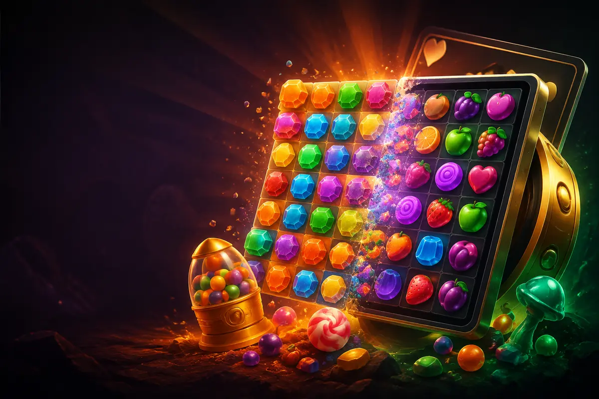 Two contrasting casino grids with jewel and fruit symbols shown beside a gold reel ring.