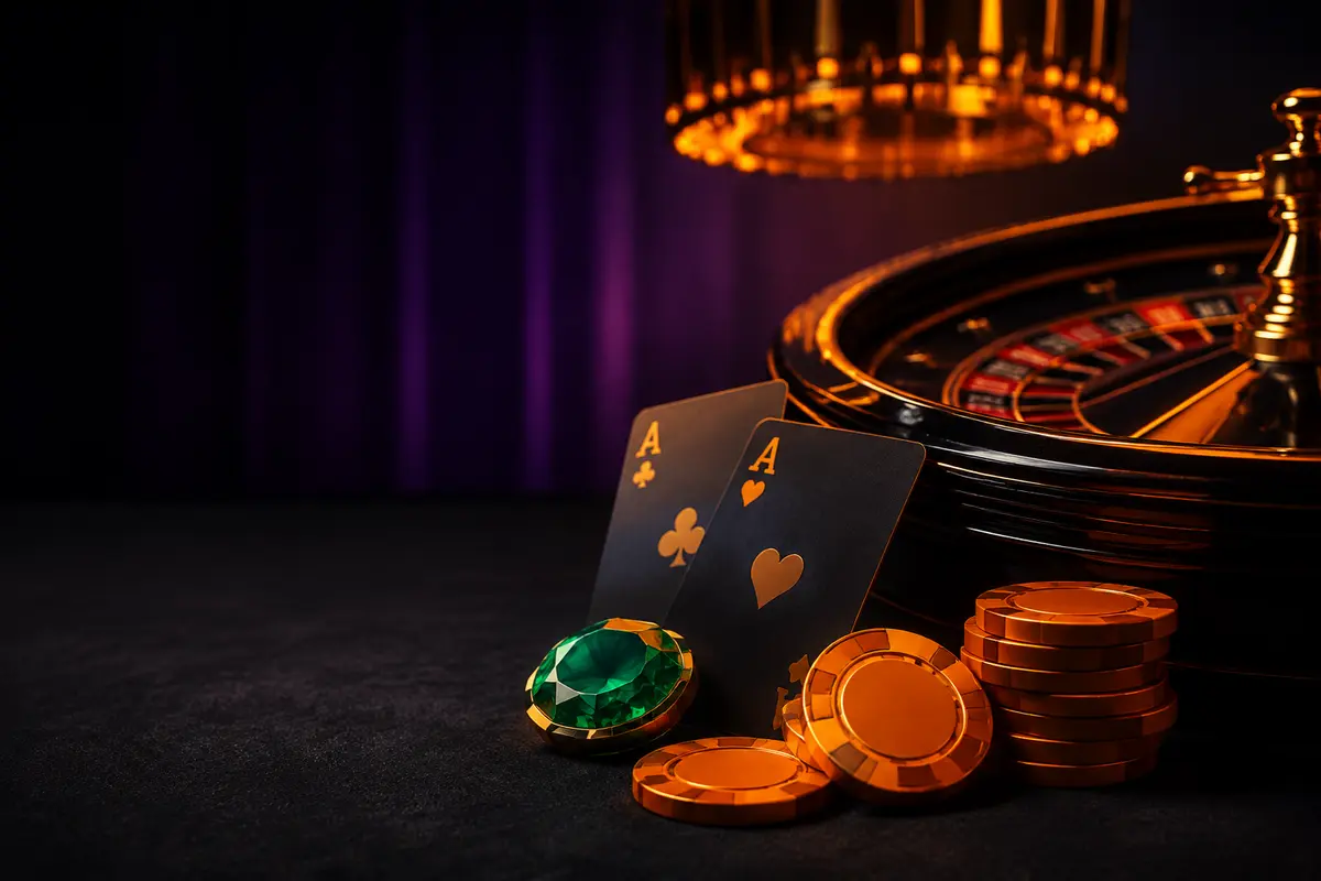 A dark casino table with roulette wheel, playing cards, orange chips and an emerald token.