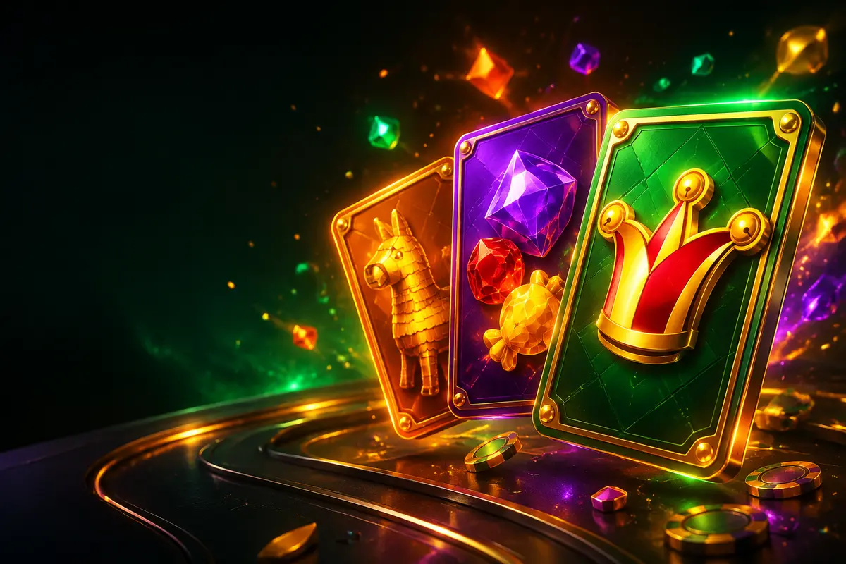 Three vivid casino game tiles featuring a golden piñata, jewel sweets and a jester crown.