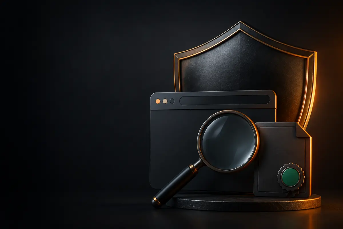 A magnifying glass over a blank domain card, backed by a dark shield and document seal.