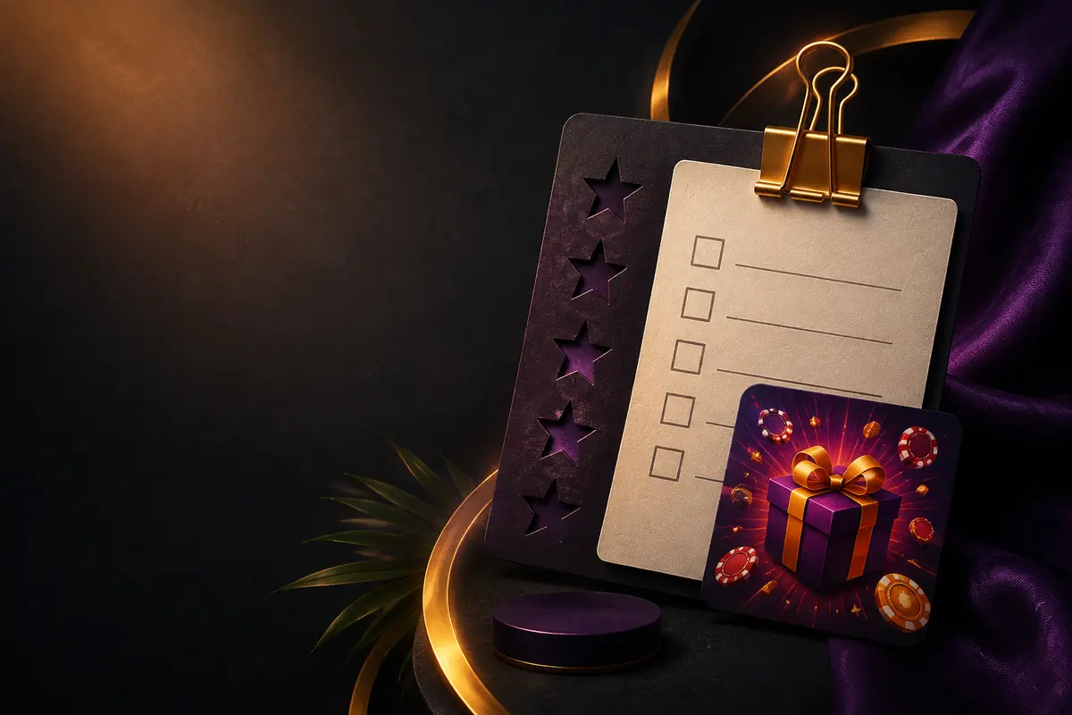 A review checklist, abstract star card and casino gift tile held together by a gold clip.