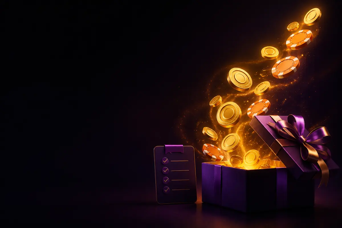 A purple gift box opening into a measured trail of gold and orange casino tokens.