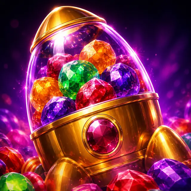 Golden sweet dispenser filled with vivid ruby and emerald shapes.