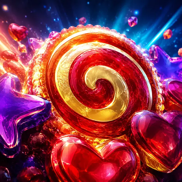 Scarlet and gold spiral sweet with ruby hearts and purple stars.